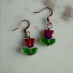 Vintage Tulip Charming Floral Copper Earrings with Red and Green Petals